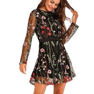Floral Embroidery Mesh Round Neck Dress